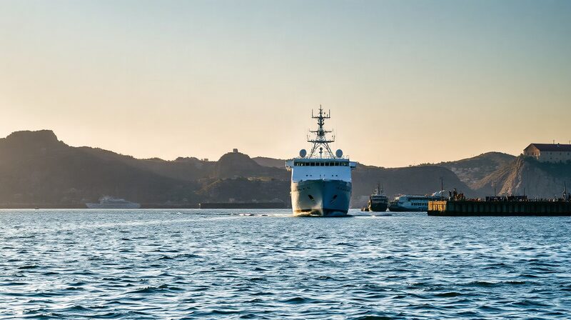 La navette approche Terre-de-Haut, aux Saintes, par mer calme