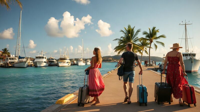 Des passagers avec leurs bagages attendent l'embarquement quai de la gare maritime