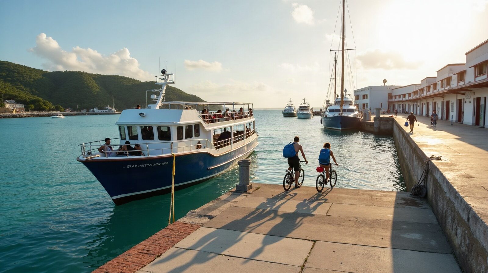 Un bateau de passagers amarré à la gare maritime de Saint-François, des voyageurs montent à bord avec leurs sacs.