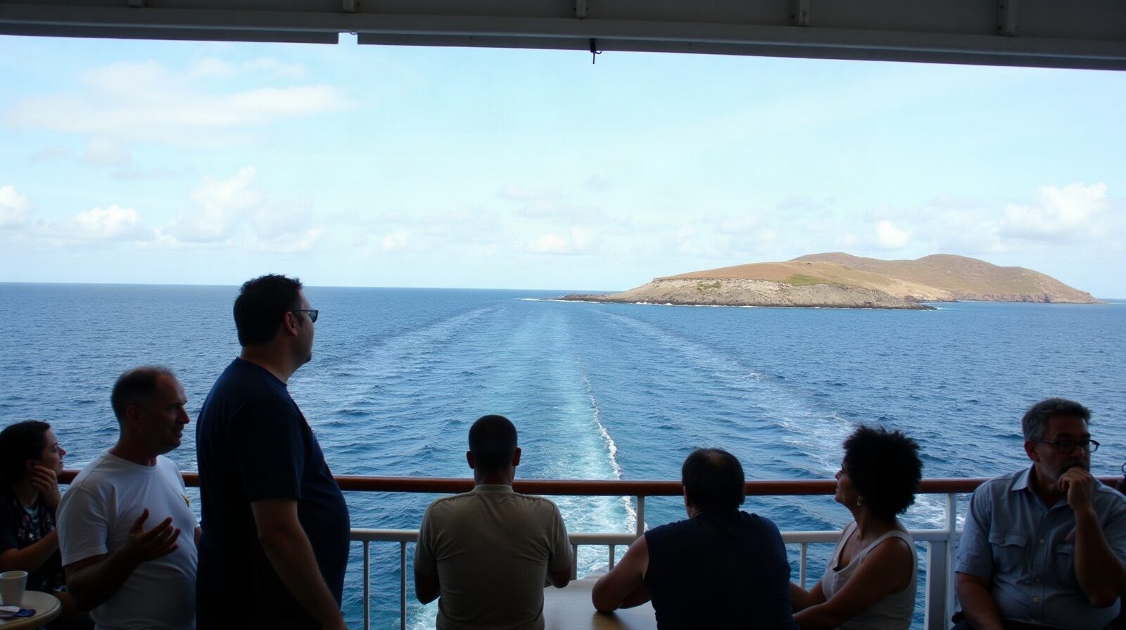 Depuis le pont du bateau, des passagers assis regardent la côte basse de La Désirade qui se dessine à l'horizon.