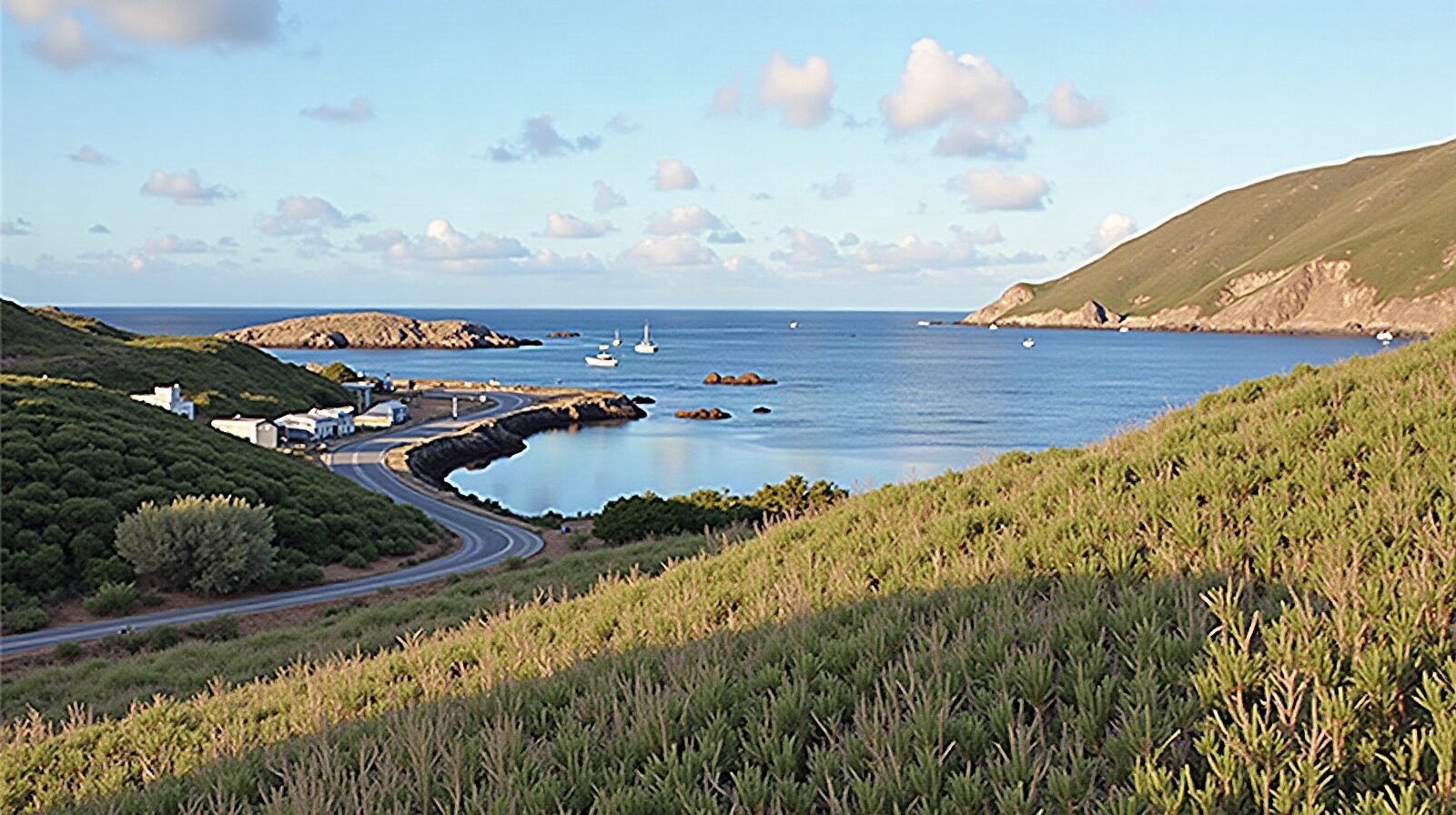 Le bourg de Beauséjour, ses cases créoles et ses barques de pêche, avec les falaises sèches de l'île en arrière-plan.